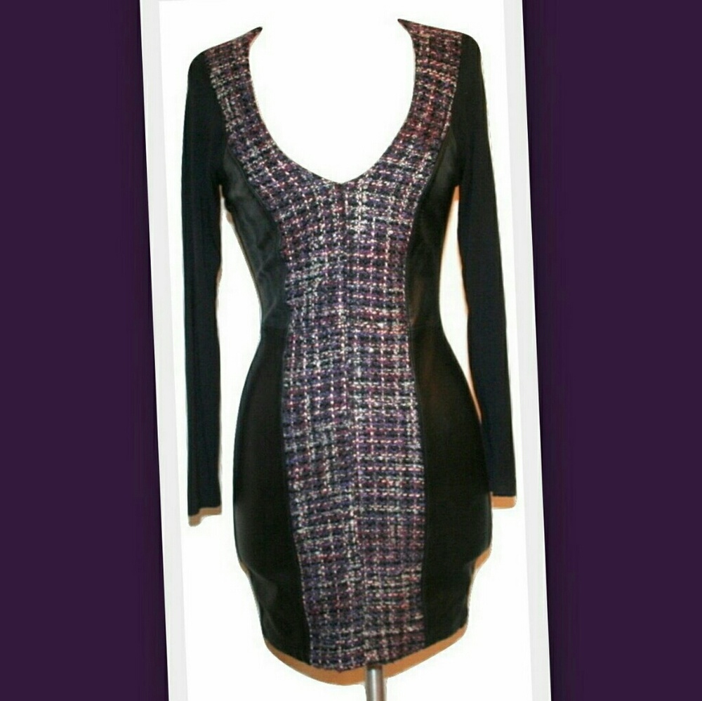 SKY 'Loois' Leather and Tweed Body Con Mini Dress